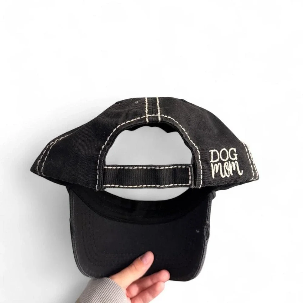 Dog Mom Distressed Baseball Cap Washed Black Embroidered Hat Adjustable